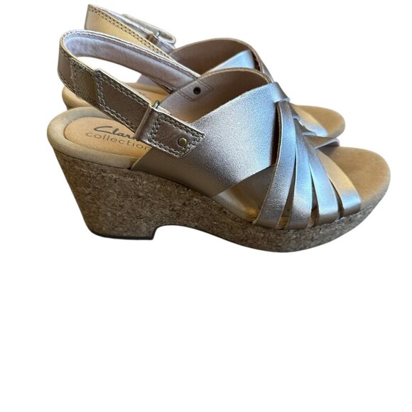 Clarks Giselle Ivy Wedge Sandals Rose Gold Metallic Cork Heel Comfort Size 7 - Picture 5 of 13